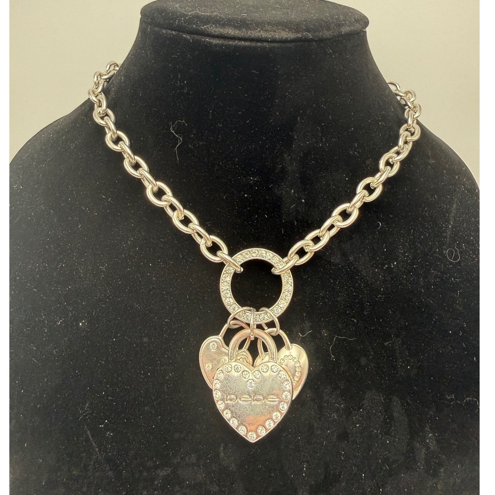 Bebe Silver Tone Rhinestone Heart Padlock Charm Chunky Cable Chain Necklace